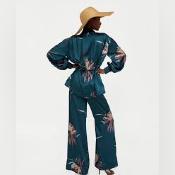 New ZARA Teal Satin Wide Leg Tropical Floral Print Pants - Picture 10 of 10